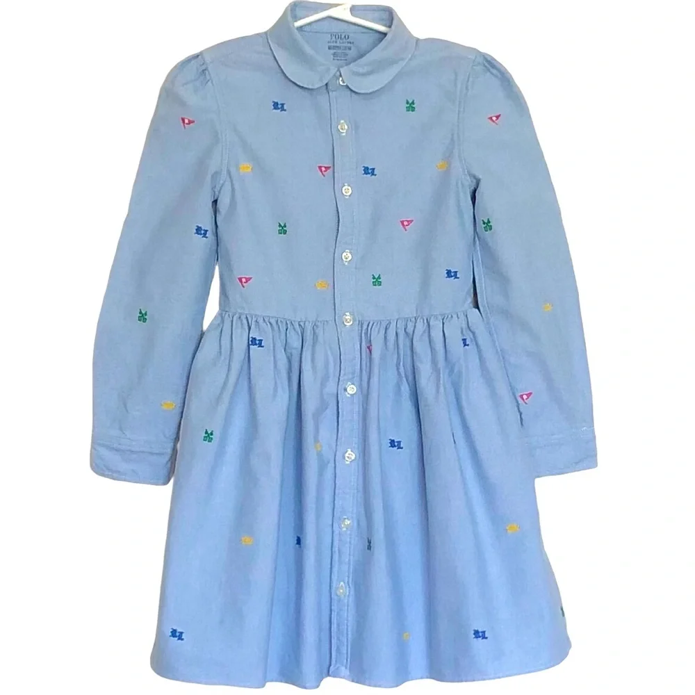 Polo Ralph Lauren Embroidered Chambray Girls Dress Sz 6X
